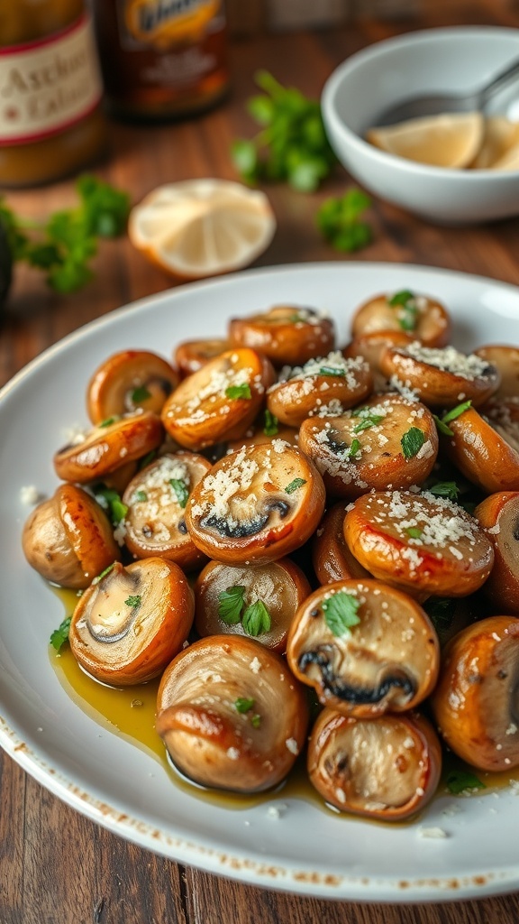 Sautéed garlic parmesan mushrooms on a plate, garnished with parsley, on a rustic wooden table.